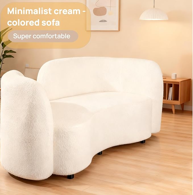 Curved couches for Living Room 2-Seat Luxury Couch 68'' Solid Wood and High-Density Foam Lamb Fleece for Small Space Bedroom Apartment Home Office White