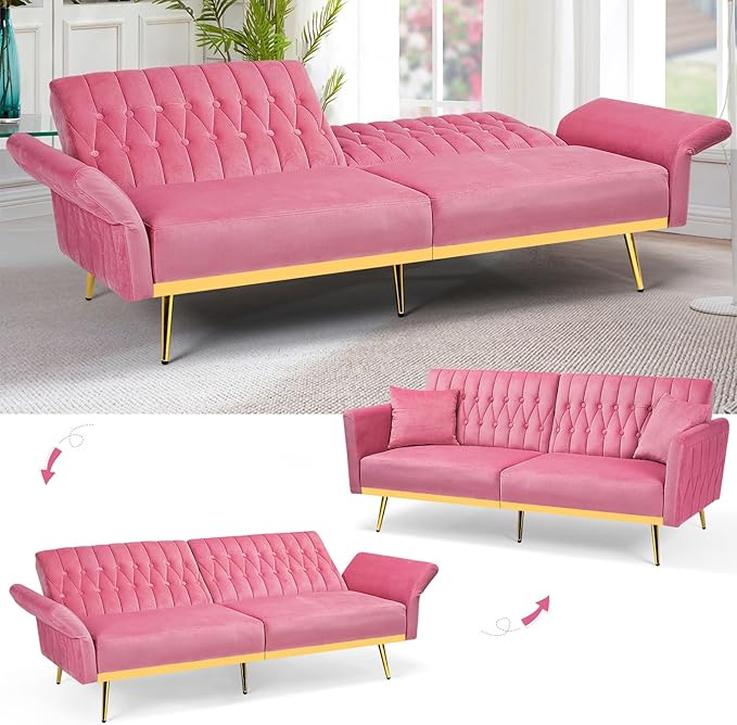 2 Pieces Velvet Sofa Set with Adjustable Armrest and Backrest 70” Convertible Futon Sofa Bed &amp Mordern Accent Chair with Ottoman for Living Room Bedroom Pink