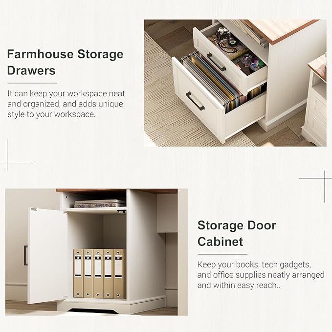 Unikito Farmhouse L Shaped Executive Desk with File Drawers 60 Corner Computer Desk with Power Outlets Large 2 Person Home Office Table with Storage Cabinet Sturdy Writing Desk White and Brown