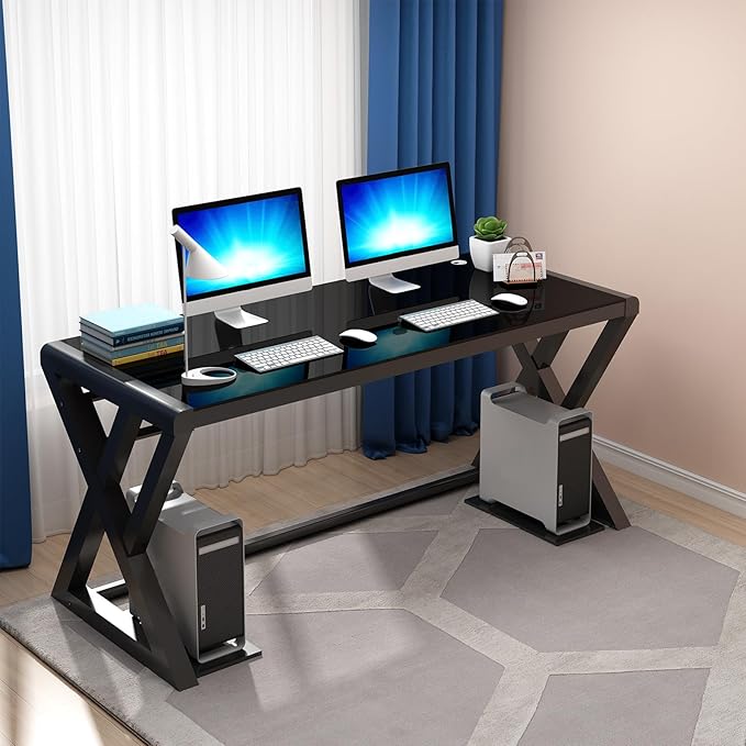 SAMERY Computer Desk &amp Gaming Desk Home Office Desks 55.1 Inch- Modern Simple Writing Study Glass Computer Desk Home Office Desks Space-Saving Multipurpose Workstation with Metal Frame