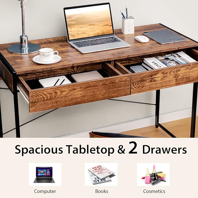 Tangkula Computer Desk with 2 Drawers 44 Study Writing Table w/Heavy-Duty Steel Frame &amp Reinforced Structure PC Desk with Storage for Home Office (Coffee)