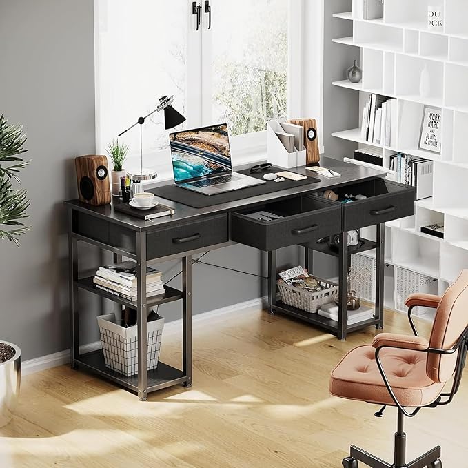 ODK Office Small Computer Desk: Home Table with Fabric Drawers &amp Storage Shelves Modern Writing Desk Black 48x16