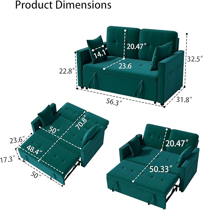Pull Out Sofa Bed: 56 Green 3 in 1 Convertible Sleeper Sofa Bed Velvet Loveseat Sleeper Couch with Storage Comfy Futon Couch Beds for Living Room | Velvet