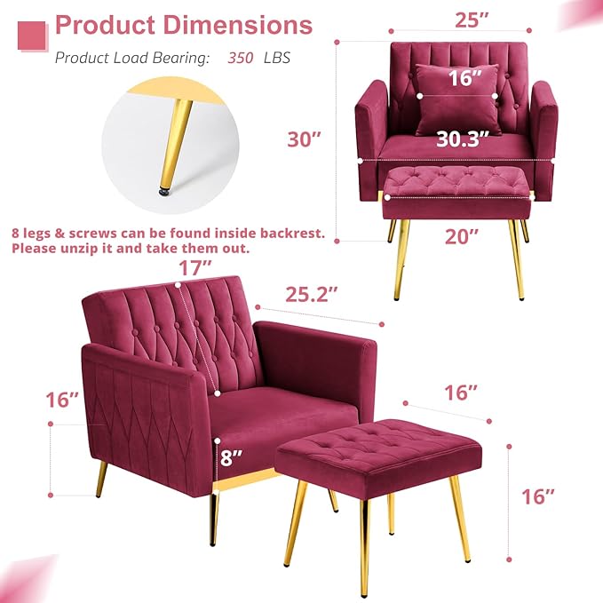 2 Pieces Velvet Futon Sofa Set with Adjustable Backrests and Armrests 70” Convertible Sofa Bed &amp Tufted Accent Chair with Ottoman for Living Room Fuchsia