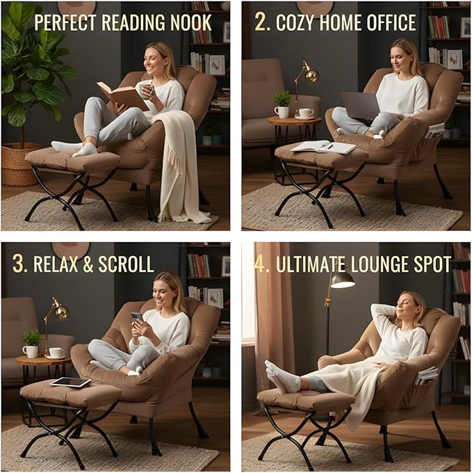 Tiita Lazy Chair with Ottoman Khaki Modern Large Accent Chair Comfy Leisure Sofa Armchair with Ottoman Reading Chair with Footrest for Bedroom Living Room Dorm Rooms Velvet Khaki