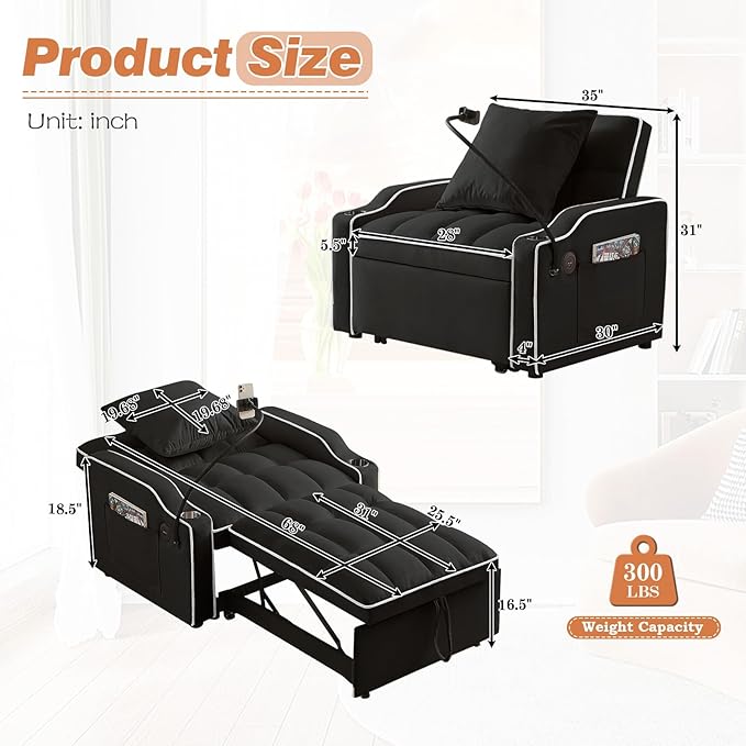Sleeper Sofa Chair Bed with Charging Ports &amp Phone Holder &amp Cup Holder Modern Velvet 3 in 1 Convertible Pull Out Single Sofa Chair Bed for Small Spaces Apartment Black