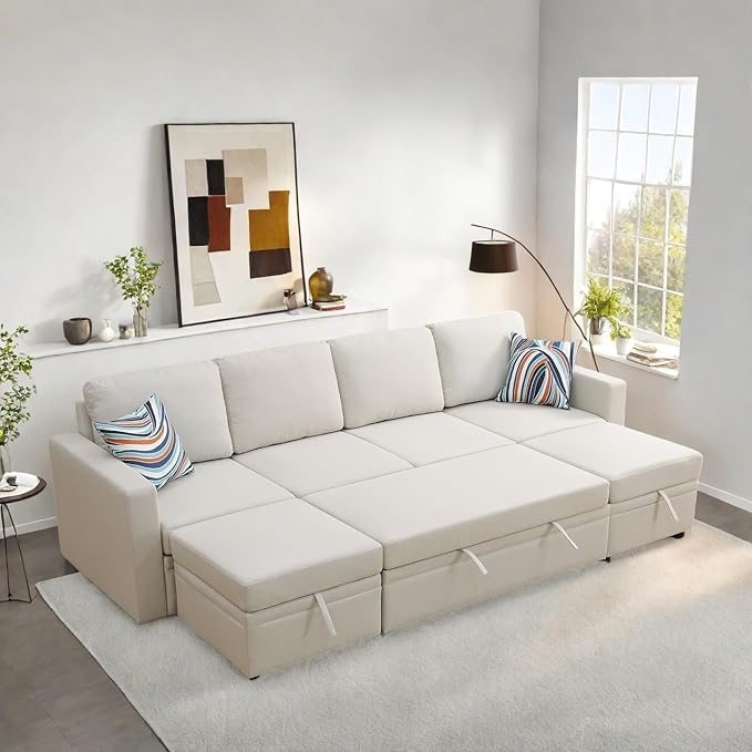 FONTOI 102 Inch L Shaped Sectional Couch with Pull Out Bed 6-Seat Sleeper Sofa with Storage Ottoman Convertible Sofa Bed for Living Room Apartment Off White