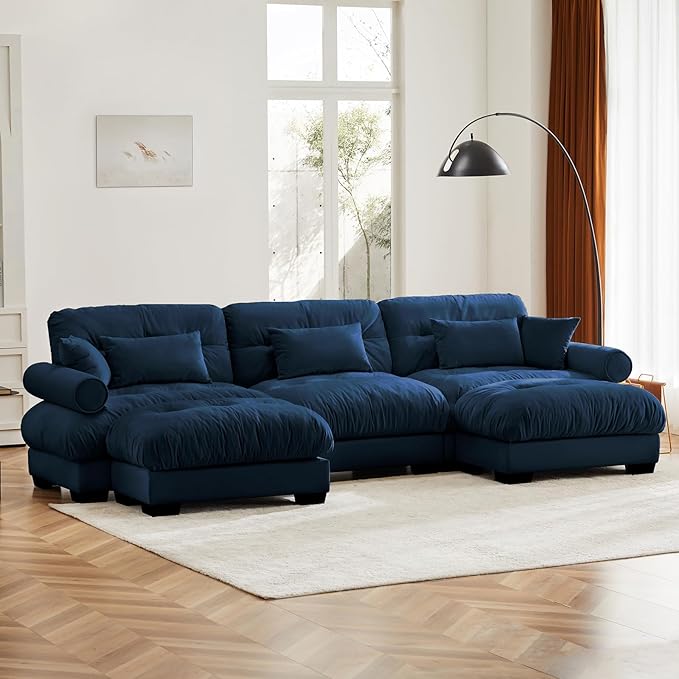130 Oversized 3 Seater Modular Sectional Sofa Blue Large U Shaped Couch for Living Room Fluffy Velvet Cloud Set With Ottoman