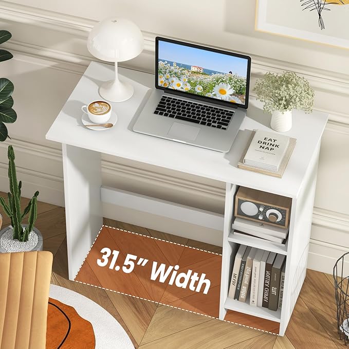 31.5 Small Desk Wooden Home Office Desks Compact Writing Study Work Table with Adjustable Shelf Modern Makeup Vanity for Bedroom Computer Workstation for Small Space (White)