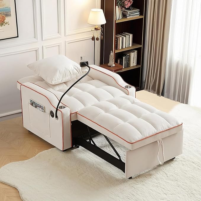 Sleeper Sofa Chair Bed 3 in 1 with Charging Ports Phone Holder &amp Cup Holders - Modern Velvet Convertible Pull Out Single Sofa Bed for Small Spaces Apartment Dorm (Beige)