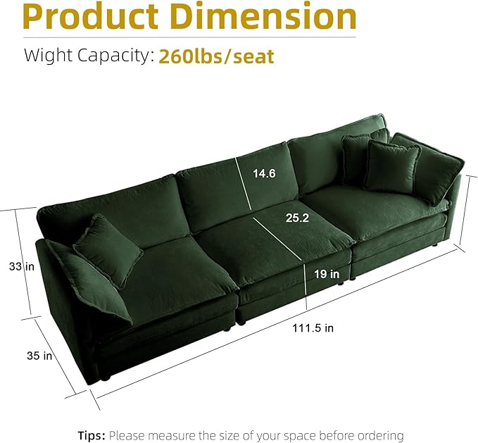 111.5 Modular Sectional Sofa Deep Seat Cloud CouchConvertible 3-Seater Comfy Chenille Upholstered Sofa Set for Living Room Apartment Studio – Green