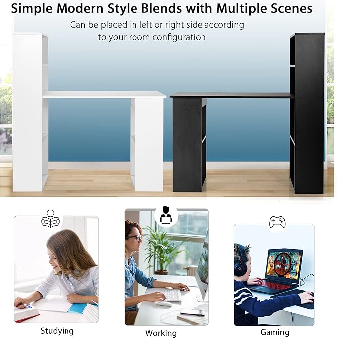 IFANNY White Computer Desk w/Bookshelf Modern Home Office Desk w/Storage Shelves &amp CPU Stand Space-Saving Design Compact Corner Computer Workstation for Small Spaces