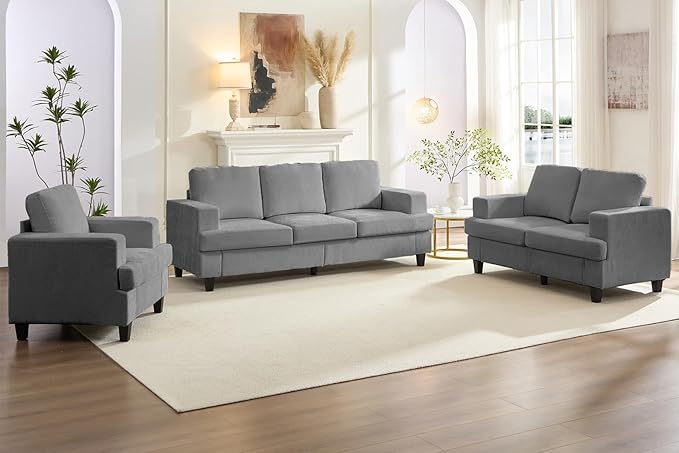 PUREMIND 3 Piece Living Room Sofa Set Chenille Upholstery 3 Seater Couch and Loveseat and Armchair Set Solid Wood Frame Modern Sectional Couches for Living Room Office Apartment