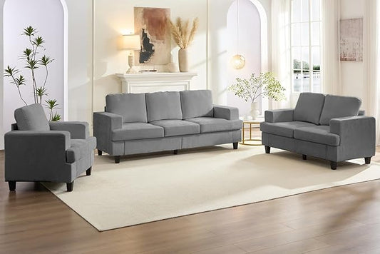 PUREMIND 3 Piece Living Room Sofa Set Chenille Upholstery 3 Seater Couch and Loveseat and Armchair Set Solid Wood Frame Modern Sectional Couches for Living Room Office Apartment