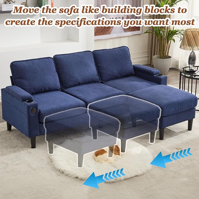 78 3 Seater Couch with Storage Ottoman/Cup Holders/USB Gray Small Sectional Couches for Living Room Cloud l Shaped Sofa for Small Spaces Apartment (Blue)