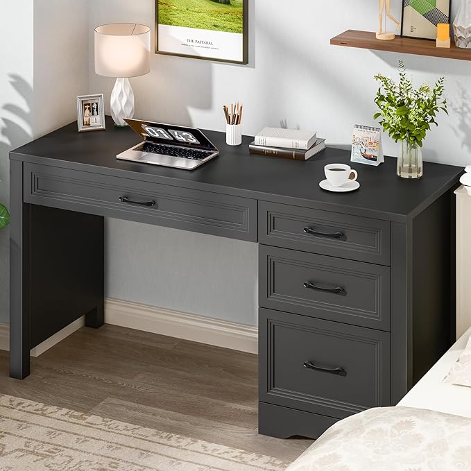 Vabches Farmhouse Executive Desk with Storage and Ample File Drawer Rustic Large Home Writing Desk for Bedroom Pure Black