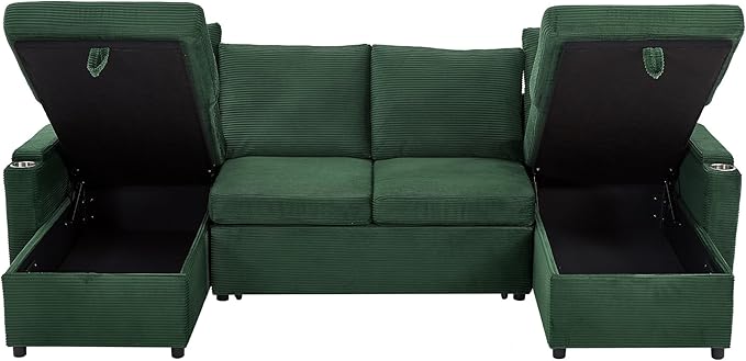 109.5 Sectional Sofa Convertible Pull-Out Sofa Bed with 2 Storage Chaise Lounges and Cup Holders Chenille Fabric U-Shaped Couch with Storage Boxes &amp USB Ports for Living Room (Green-9.19)
