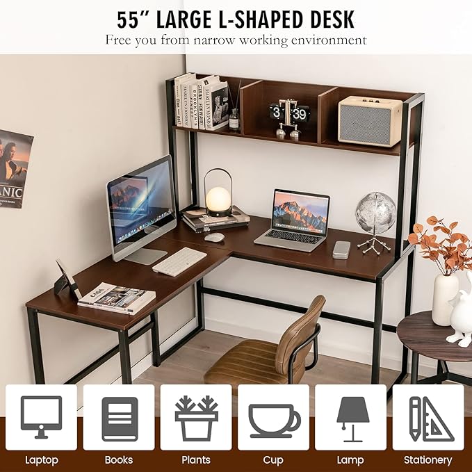 MEDIMALL L-Shaped Desk w/Storage Shelf Reversable Corner Desk Game Table w/Sturdy Metal Frame Multifunctional Computer Desk for Home Office (Teak)
