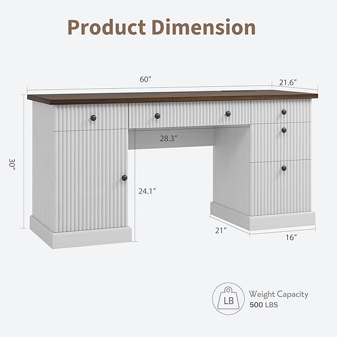 GarveeHome 60 Home Office Desk Fluted Executive Desk with File Drawers Wooden Computer Desk with Charging Station for Study Room