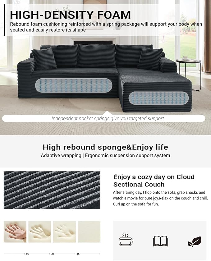 Cloud Couch Sectional L Shaped Boneless Couch Sectional Couches for Living Room Modern Comfy Corduroy Fluffy Modular Sofa with Deep Seat No Assembly (Grey Right Facing Chaise)