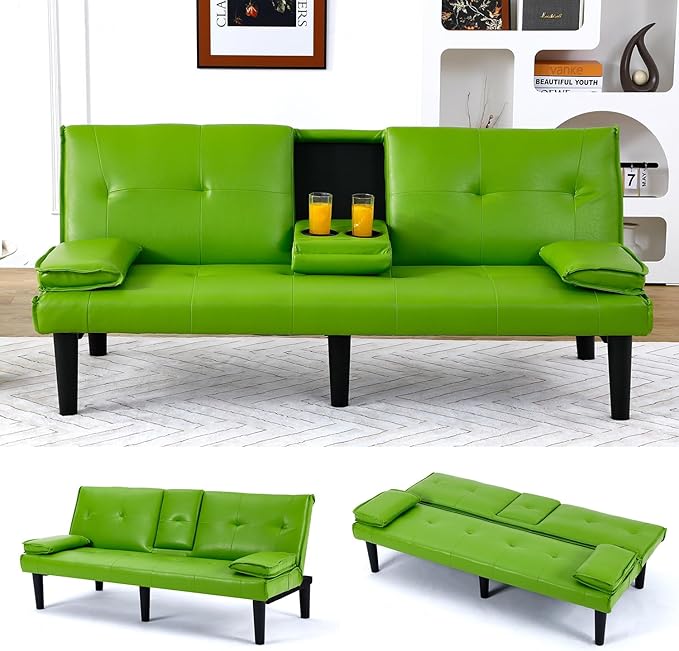 Green Futon Couch &amp Convertible Futon Sofa Bed for Small Space 67 Loveseat Couches with Removable Armrests &amp 2 Cup Holders for Living Room Bedroom Dorm Apartment Easy Assemble (Green)