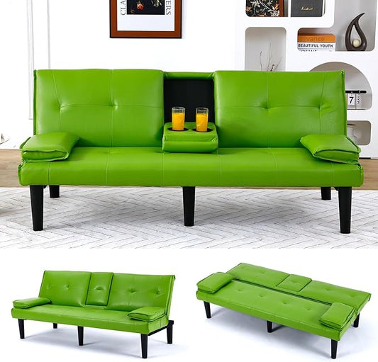 Green Futon Couch &amp Convertible Futon Sofa Bed for Small Space 67 Loveseat Couches with Removable Armrests &amp 2 Cup Holders for Living Room Bedroom Dorm Apartment Easy Assemble (Green)