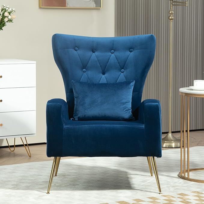 X-VOLSPORT Button-Tufted Velvet Accent Chairs Set of 2 Mid Century Modern Living Room Chair with High Wingback Upholstered Arm Chair with Metal Gold Legs for Bedroom Club Navy Blue