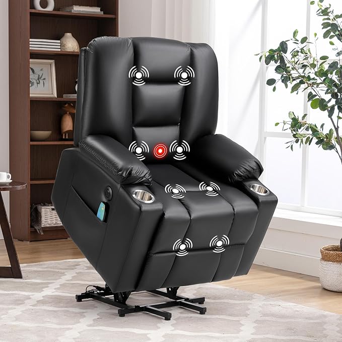 Bonzy Home Power Lift Chair with Heat and Massage Faux Leather Lift Recliner Chair for Adults Elderly Upholstered Recliner with 2 Cup Holders Side Pocket USB and Type-c Port Black
