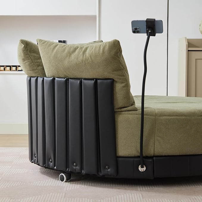 51W Oversized Swivel Accent ChairPolyester Upholstered Extra Large Swivel Barrel ChairRound Chair with WheelsRotating Phone Holderand 4 PillowsLounge Arm Chair for Living RoomBedroom(Green)