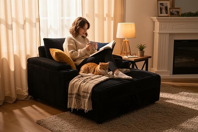 LIKIMIO 54''Corduroy Oversized Chaise Lounge Chair IndoorFirm Solid Wood Frame with USB&amp Cup HolderMovable Storage OttomanReading Chair for Living Room Study Room (Black)