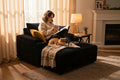 LIKIMIO 54''Corduroy Oversized Chaise Lounge Chair IndoorFirm Solid Wood Frame with USB&amp Cup HolderMovable Storage OttomanReading Chair for Living Room Study Room (Black)