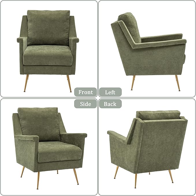 Accent Chair Mid Century Modern Living Room Chairs with Gold Metal Legs Green Wingback Arm Chairs for Bedroom Fabric