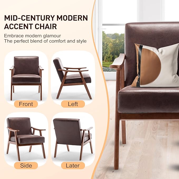 Mid Century Modern Accent Chairs with Solid Wood Frame Comfortable Accent Chair with Arms for Living Room or Bedroom Dark Brown
