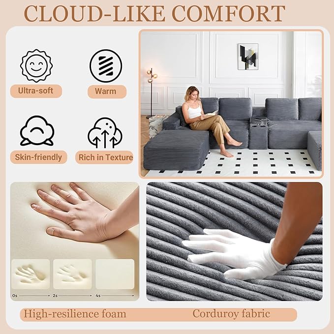 151 U-Shaped Sectional Couch 6-Seater Oversized Modular Sectional Sofa with USB Port &amp Storge Console Modern Corduroy Boneless Cloud Couch for Living Room No Assembly RequiredGray