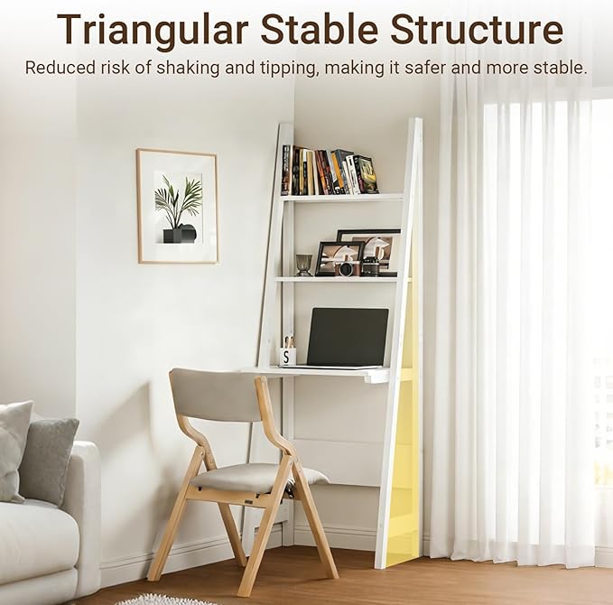Ladder Desk with Shelves - Compact Slim White Desk with Storage for Small Spaces Modern Home Office Workstation Desk Freestanding Narrow Writing Desk with Open Shelves White FRG60