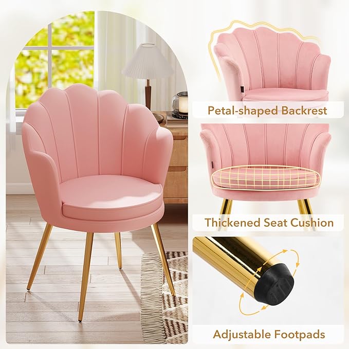 Furniliving Velvet Vanity Chair Shell Accent Chair for Living Room Upholstered Accent Chair with Gold Metal Legs Makeup Chair for Vanity Armchair Guest Chairs Side Chair for Bedroom (Pink 2)