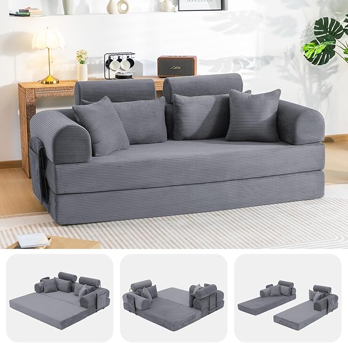 Upgrade Sofa Bed Convertible Boneless Couch for Small Spaces with High Backrest Design Fixed-Shape Frame &amp Removable Armrests and Backrest 2 Corduroy Pillow Dark Gray