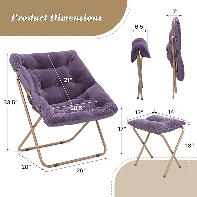 Athena Collection Comfy Saucer Chair and Ottoman Set for Adult Comfortable Faux Fur Square Oversize Folding Reading Chair with Metal Leg Lazy and Cozy for Bedroom Living Room Purple
