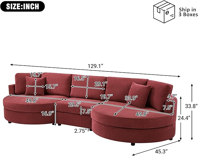 Merax 129 inches 3-Seater Curved Chenille Sofa Modern Upholstered Living Room Couch with Thick Cushions Includes 2 Throw Pillows Easy Assembly Red