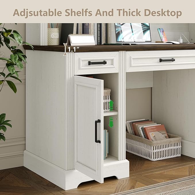 Furniouse Farmhouse 76 Height Executive Desk with Hutch Office Desk with Charging Station Drawers and Storage Cabinet Workstation for Office Home Brown Tabletop Off White