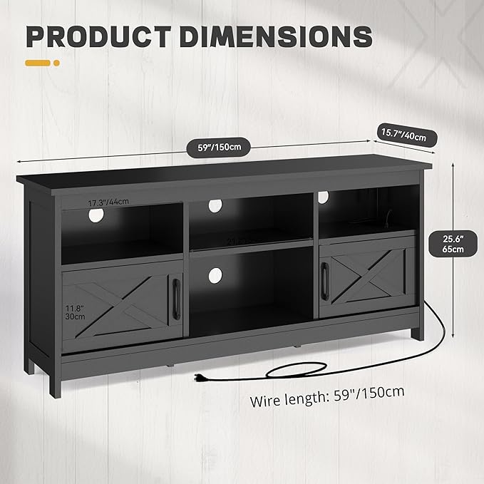 YITAHOME TV Stand for 65 Inch TVs Entertainment Center with Storage Cabinets Power Outlet &amp LED Light Media TV Console with Barn Doors for Living Room Black