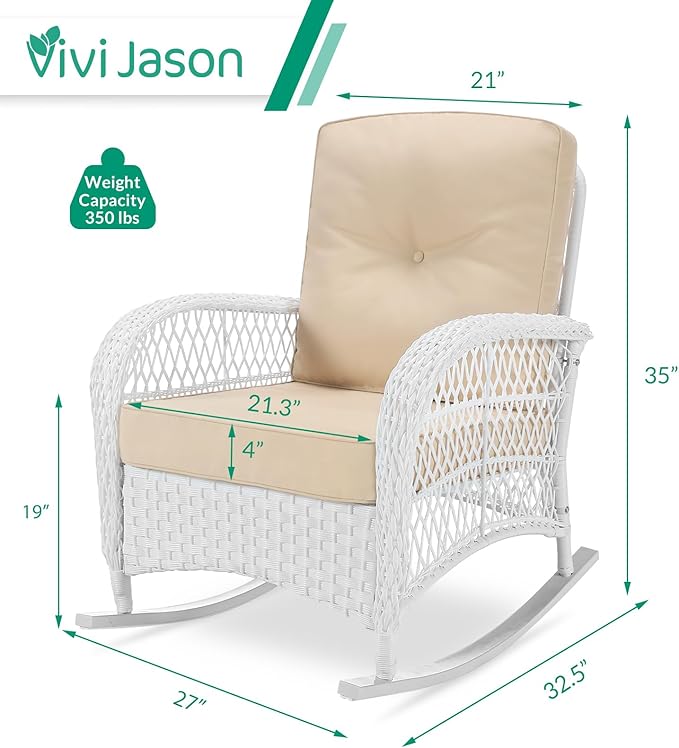VIVIJASON 2 Piece Patio Wicker Rattan Rocker Chair Outdoor Rattan Rocker Chair with Cushions &amp Steel Frame All-Weather Rocking Lawn Wicker Furniture for Garden Backyard Porch (White Wicker/Beige