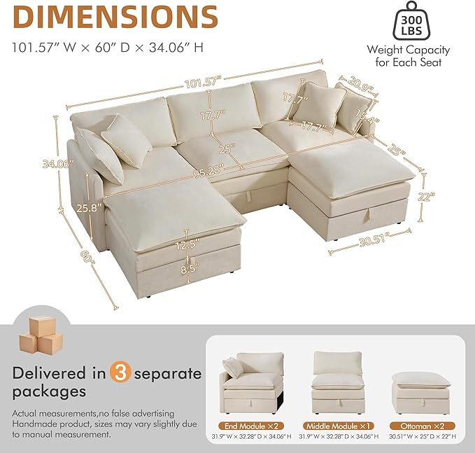 WorthFurni Modular Sectional Sofa with Storage Ottomans102 U-Shaped Cloud CouchComfy Modern Couches with Pillows &amp Upholstered Deep Seat Cushion for Apartment Living Room Bedroom（Beige）