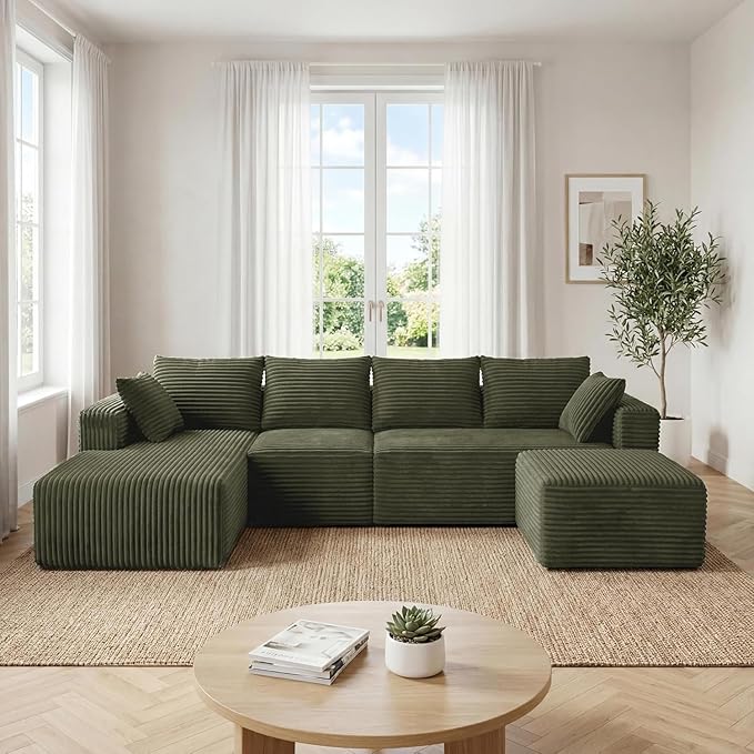 118 Modular Sectional Sofa with Chaise and Ottoman Oversized U-Shaped Corduroy Cloud Couch Deep Seat Boneless Couch for Living Room No-Assembly - Green (Left Facing Chaise)