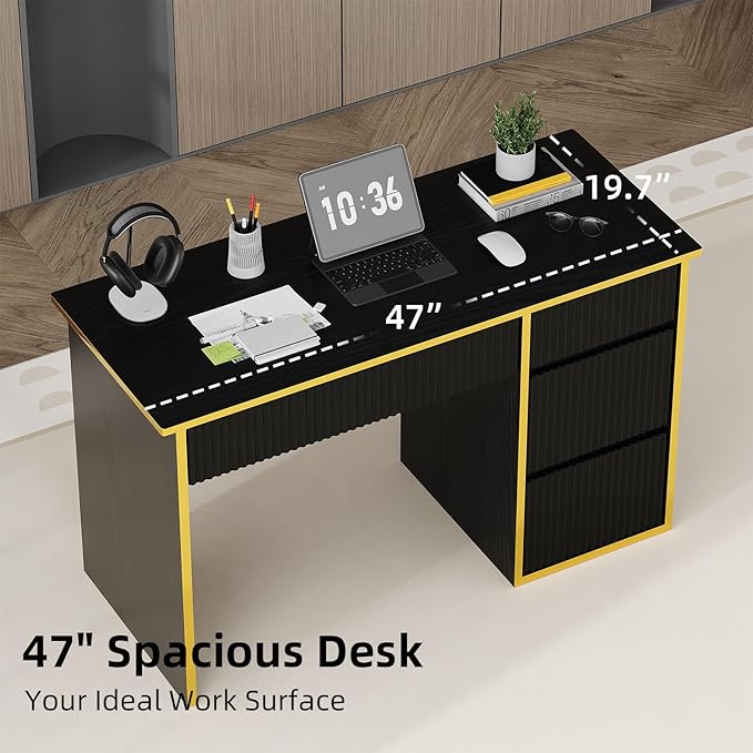 4 EVER WINNER 47 Inch Computer Desk with 4 Drawers Black &amp Gold Modern Home Office Desk Writing Study Gaming Desk for Bedroom Small Space Sturdy Wood Desk with Hidden Handle