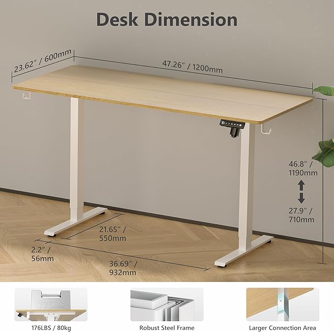 48 x 24 Inch Electric Standing Desk with 4 Wheels Height Adjustable Desk for Home Office Sit Stand Desk with 4 Memory Presets Headphone Hooks and Cable Clips Splice Board Oak