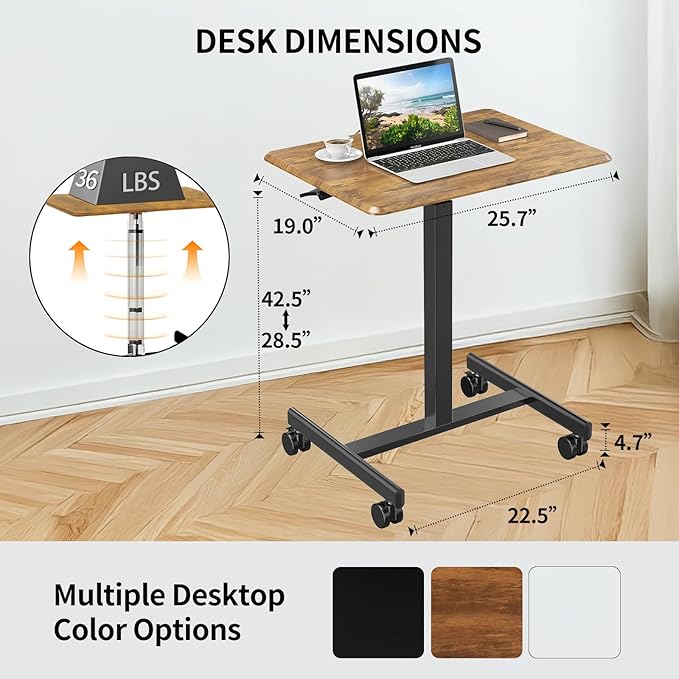 YSSOA Mobile Small Standing Desk - Rolling Desk with Adjustable Height and Lockable Wheels Sit-Stand Laptop Table Portable Computer Workstation Rust