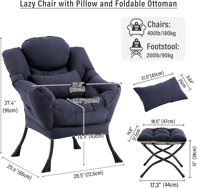 Lazy Chair with Ottoman Modern Accent Chair with Lumbar Pillow Navy Blue Sofa Armchairs with Folding Footrest Oversized Supportive Chairs for Bedroom Reading