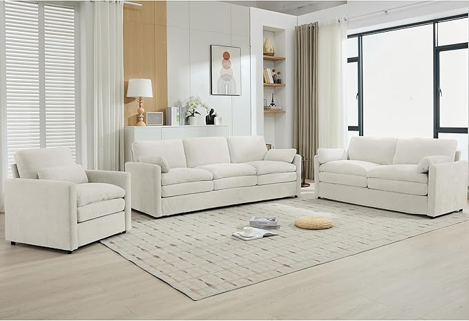3-Piece Cozy Upholstered Sofa Set Upholstered Sofa Set with Single Sofa Loveseat and 3-Seater Sofa Oversized Comfy Cloud Sofa for Living Room Office Apartment (Beige-4c)
