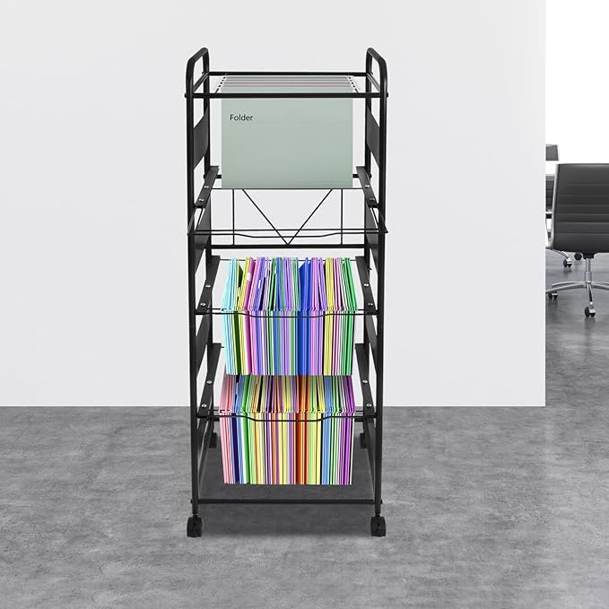 mignonnememe Rolling File Cart 4-Tier Rolling Cart Organizer Hanging Files Stand with Wheels Mobile Filing Cabinet for Office Home School Organization (Black)